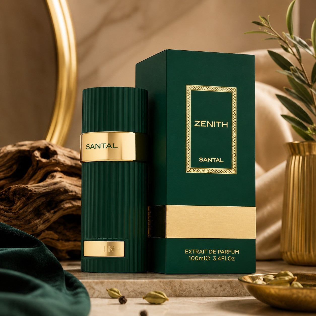 Soghaat Zenith Santal Extrait de Parfum bottle and box, dark green with gold accents, 100ml.