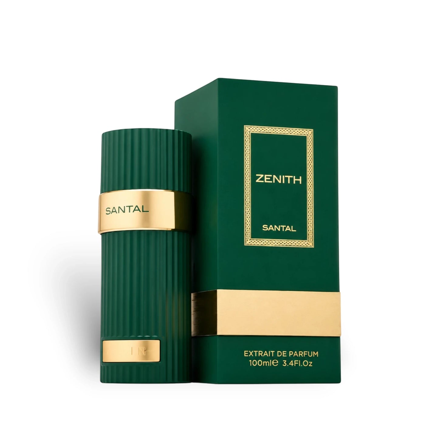 Soghaat Zenith Santal Extrait de Parfum bottle and box, amber woody oriental fragrance with saffron, sandalwood, and cedarwood notes.