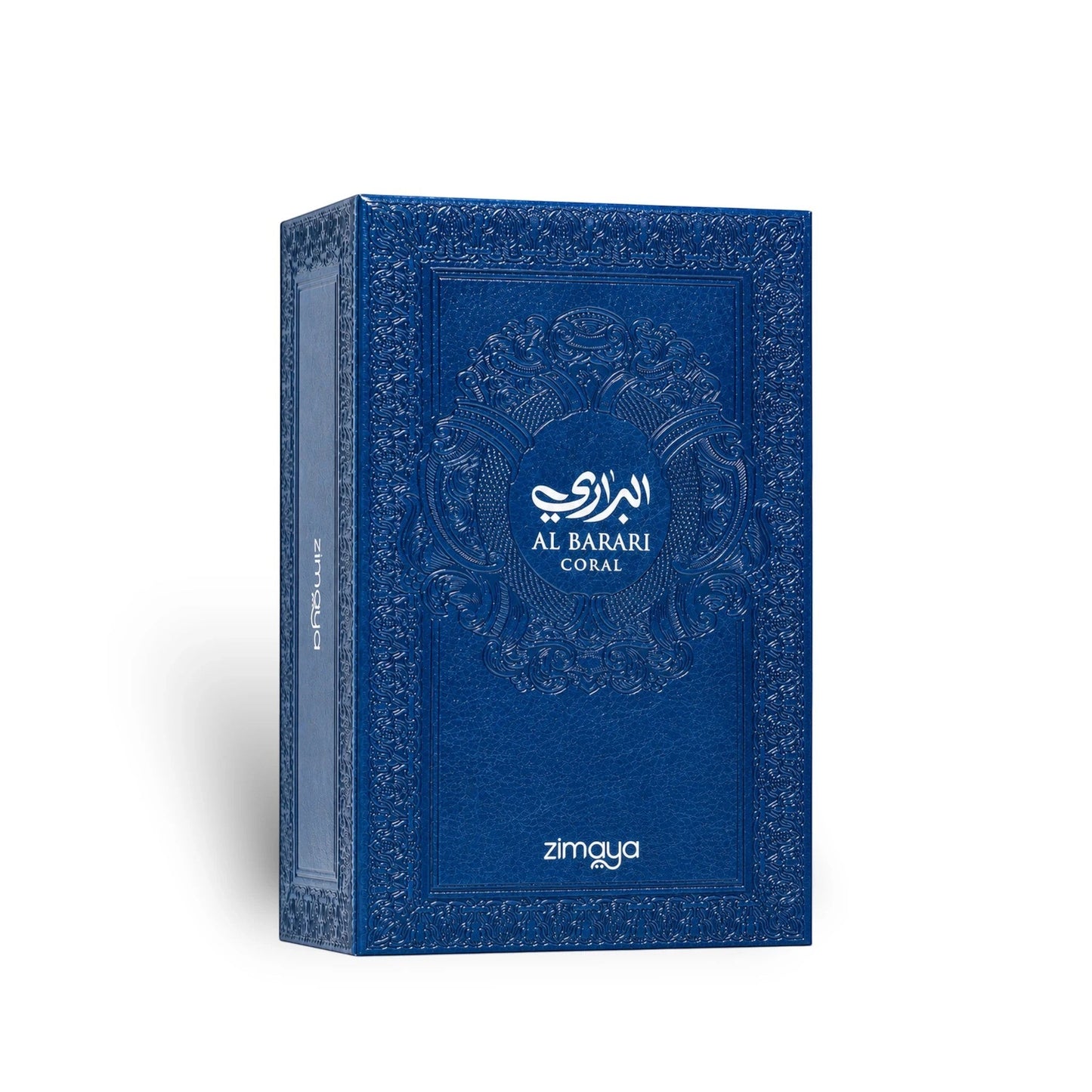Soghaat Zimaya AL Barari Coral Eau de Parfum in a textured blue rectangular box with elegant embossed detailing.