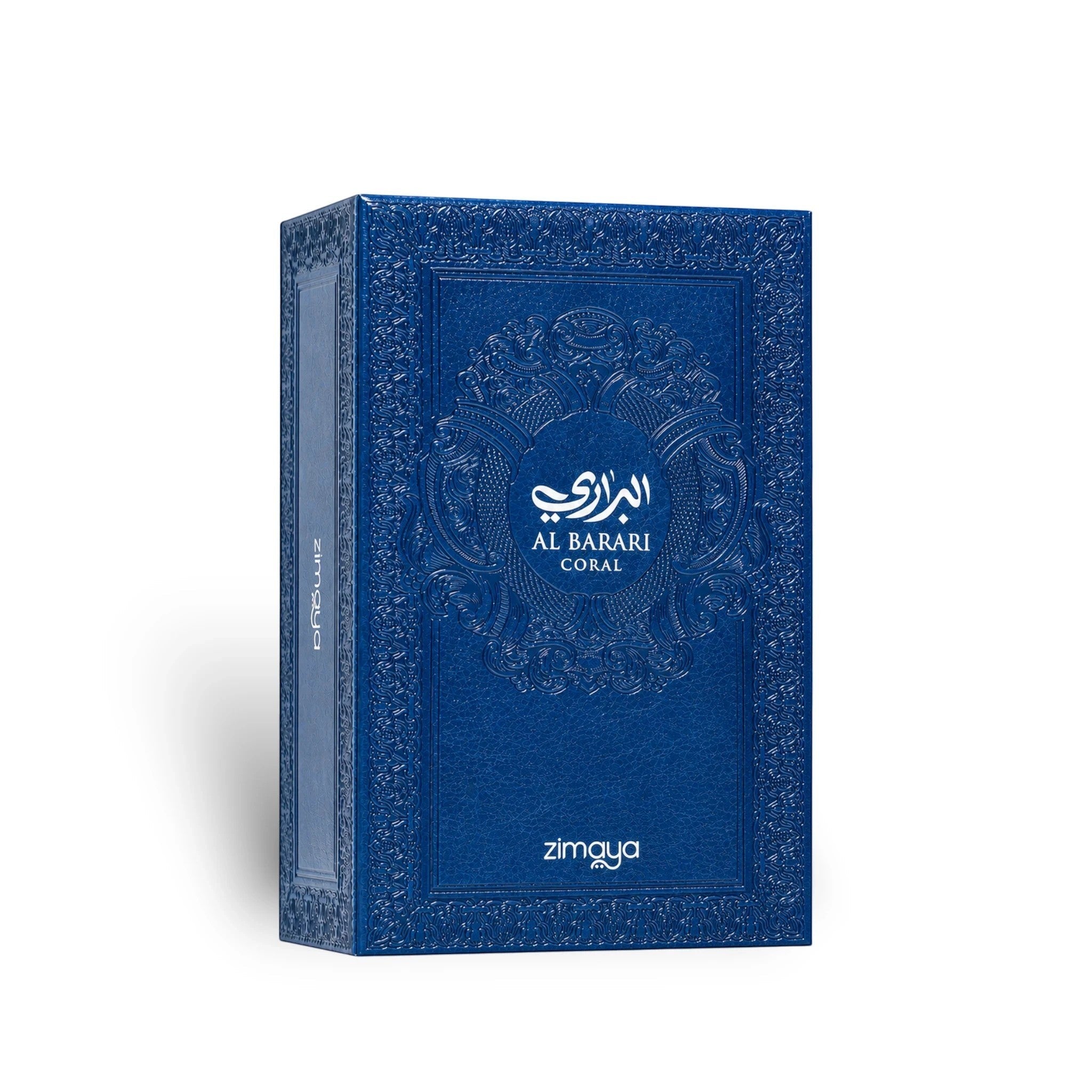 Soghaat Zimaya AL Barari Coral Eau de Parfum in a textured blue rectangular box with elegant embossed detailing.