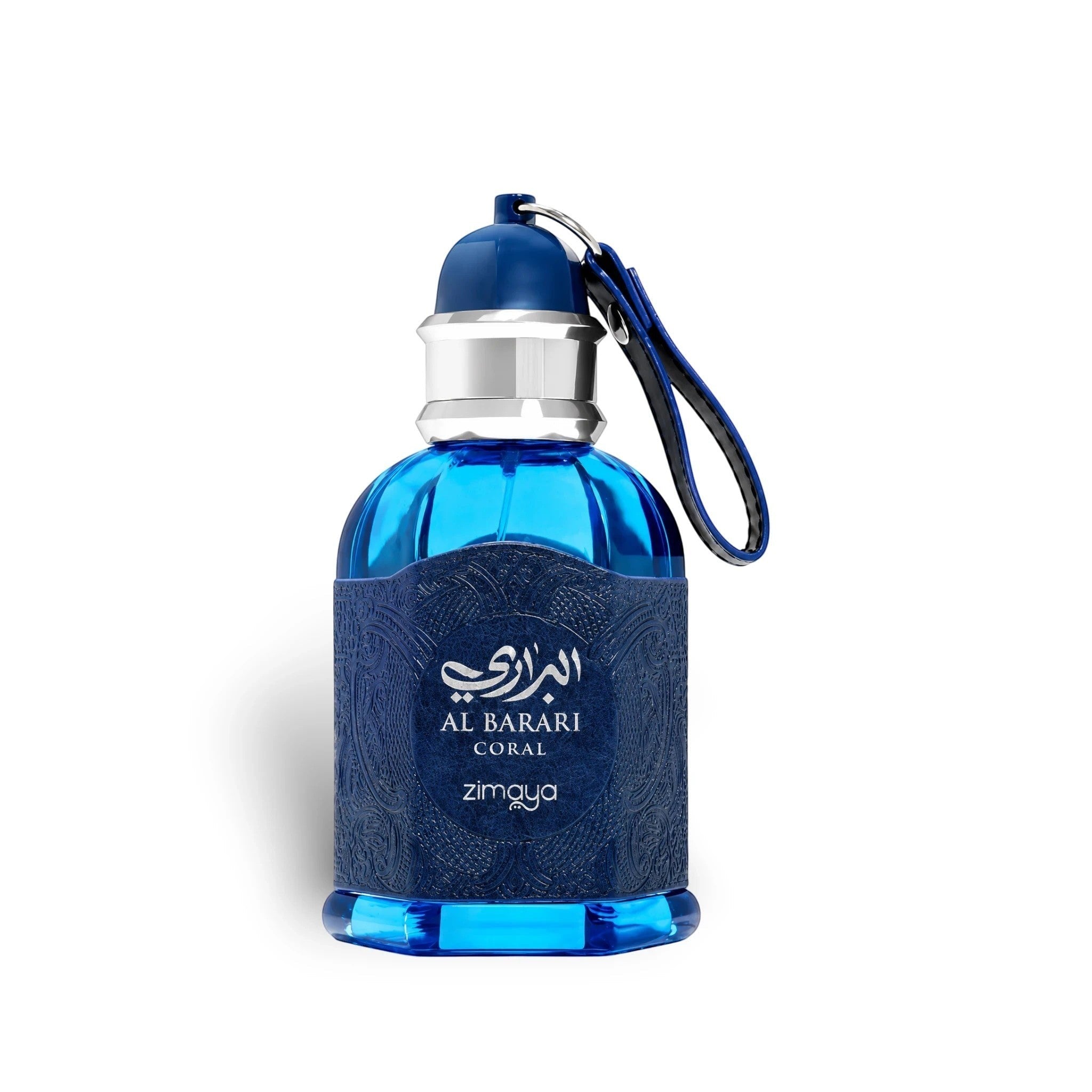 Soghaat Zimaya AL Barari Coral Eau de Parfum in a blue glass bottle with a textured leather-like wrap and blue cap.