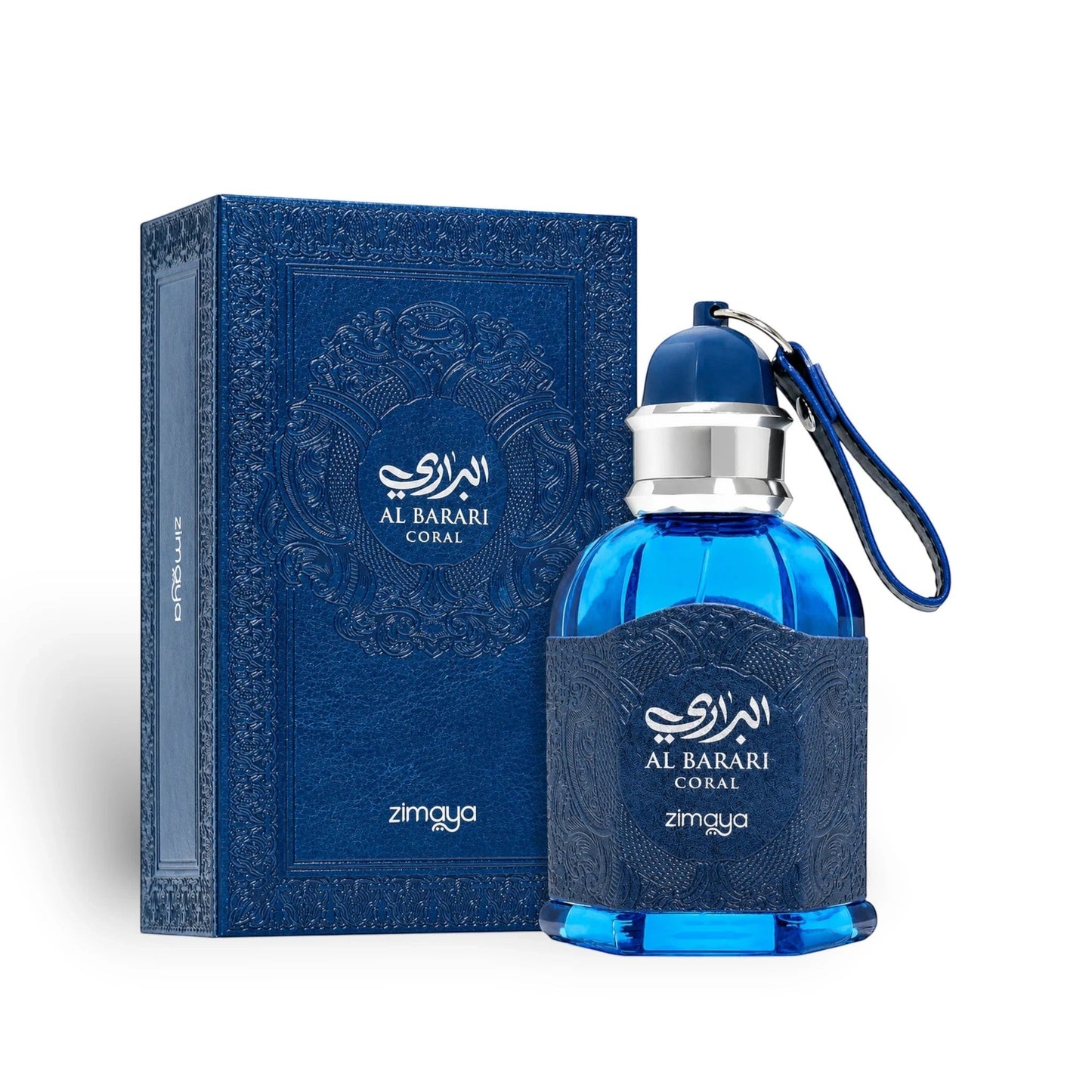 Soghaat Zimaya AL Barari Coral Eau de Parfum in a blue glass bottle with a leather-look wrap and matching blue gift box.