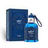 Soghaat Zimaya AL Barari Coral Eau de Parfum in a blue glass bottle with a leather-look wrap and matching blue gift box.