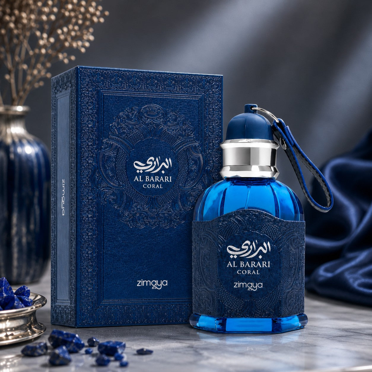 Soghaat Zimaya AL Barari Coral 100ml Eau de Parfum in a vibrant blue bottle with matching embossed presentation box.