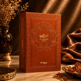 Soghaat Zimaya AL Barari Shore Eau de Parfum box in a rich brown leather-textured finish with intricate gold embossing.