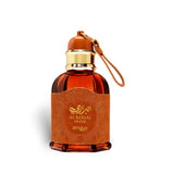 Soghaat Zimaya AL Barari Shore Eau de Parfum in a brown glass bottle with a leather-textured wrap and gold cap.