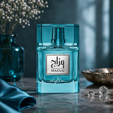 Soghaat Zimaya Mazaaj Rhythm Eau de Parfum in a bright blue glass bottle on a marble surface with decorative accents.