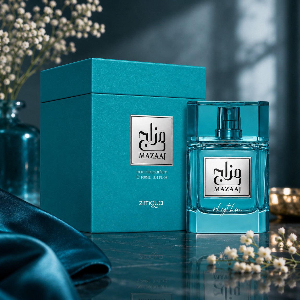 Soghaat Zimaya Mazaaj Rhythm 100ml Eau de Parfum in a teal glass bottle with matching presentation box on a dark surface.