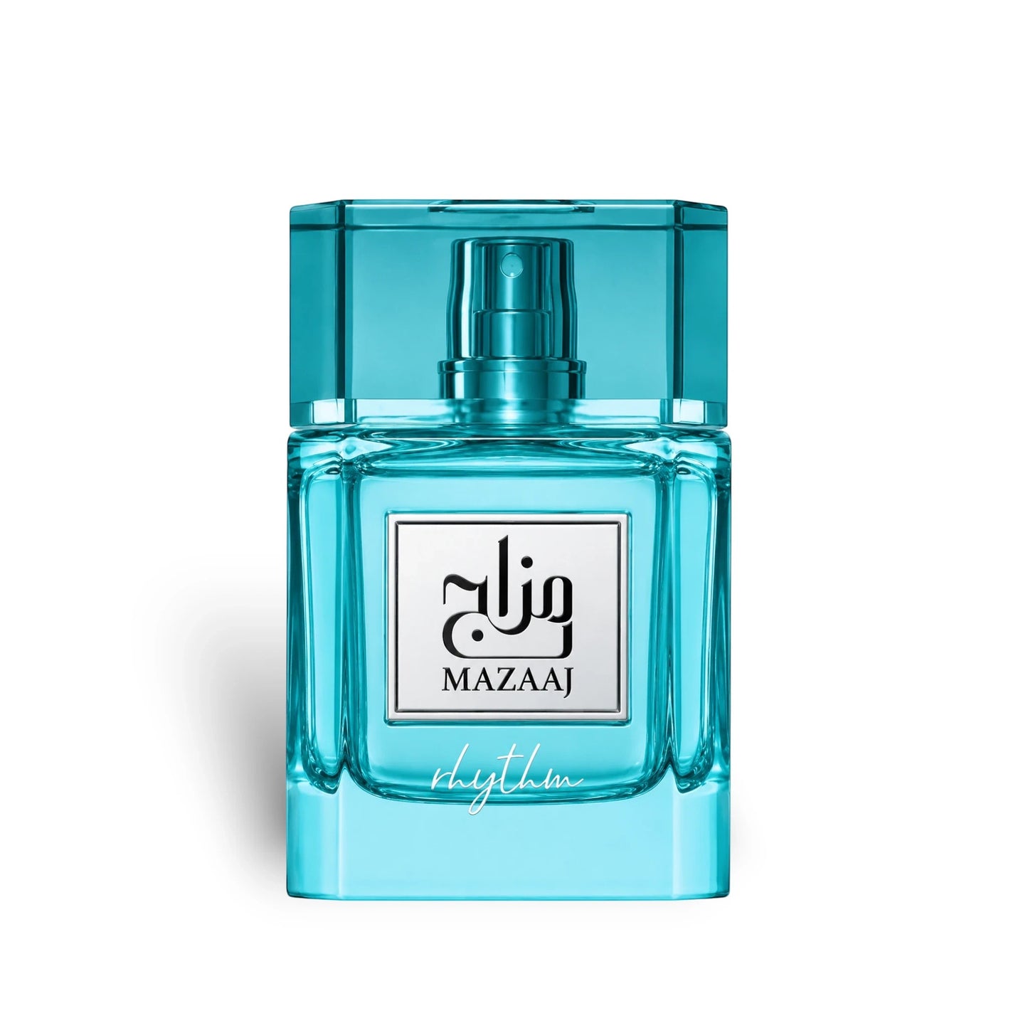 Soghaat Zimaya Mazaaj Rhythm 100ml Eau de Parfum in a bright turquoise glass bottle with a matching square cap.