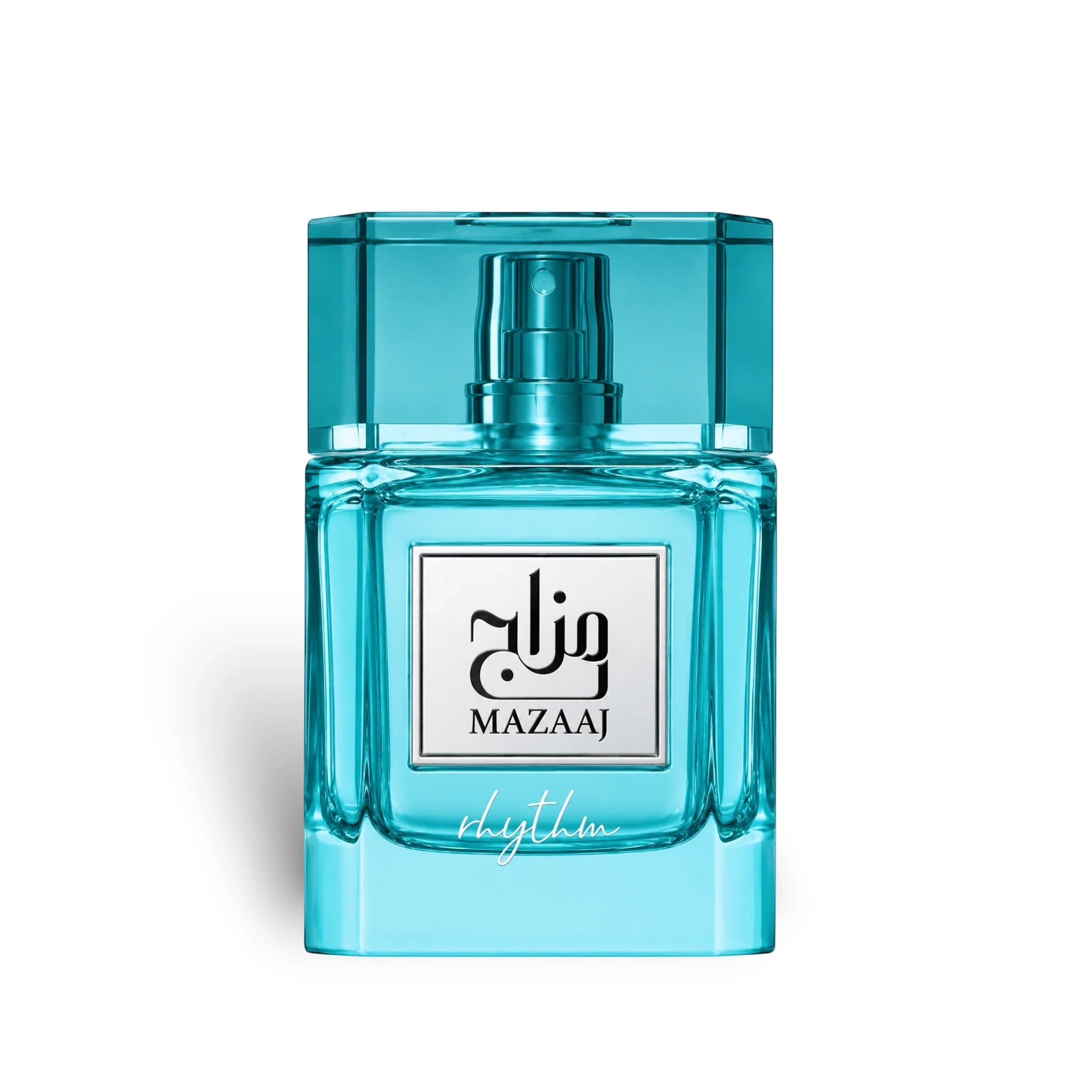 Soghaat Zimaya Mazaaj Rhythm 100ml Eau de Parfum in a bright turquoise glass bottle with a matching square cap.