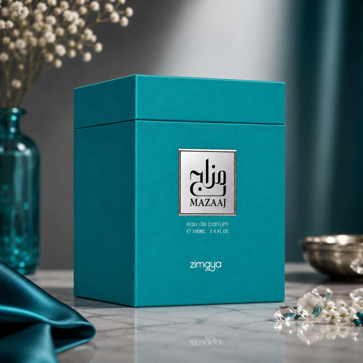 Soghaat Zimaya Mazaaj Rhythm 100ml Eau de Parfum in a vibrant teal box on a marble surface with elegant decor.