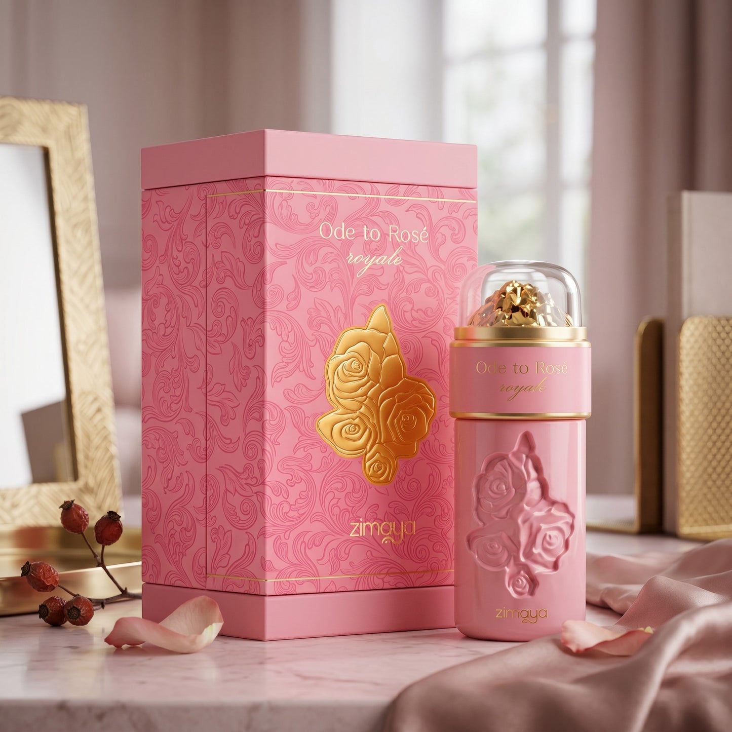 Soghaat Zimaya Ode To Rose Royale Eau de Parfum bottle and pink patterned gift box on a marble table.