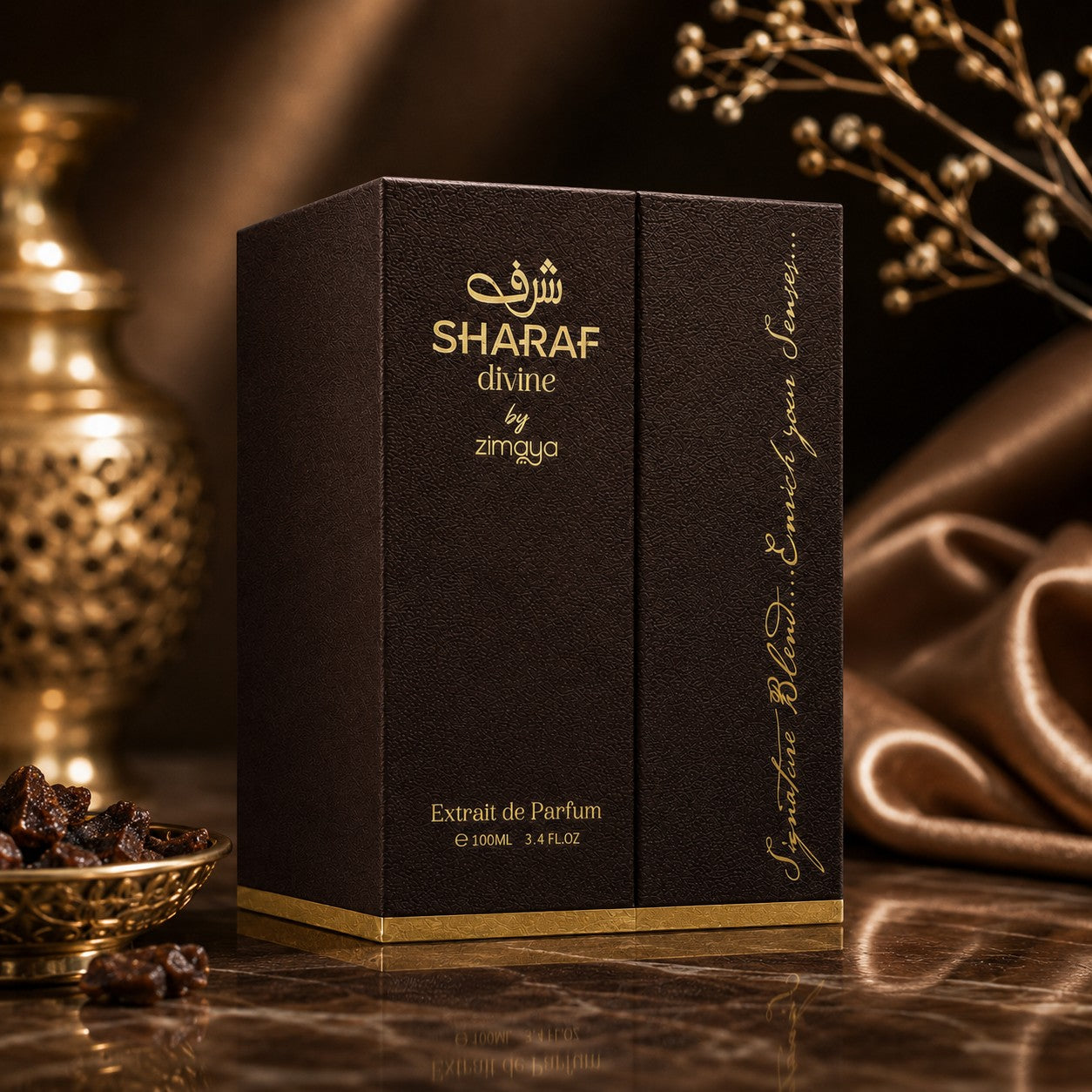 Soghaat Zimaya Sharaf Divine Eau de Parfum 100ml bottle in a dark textured box with gold lettering on a marble surface.