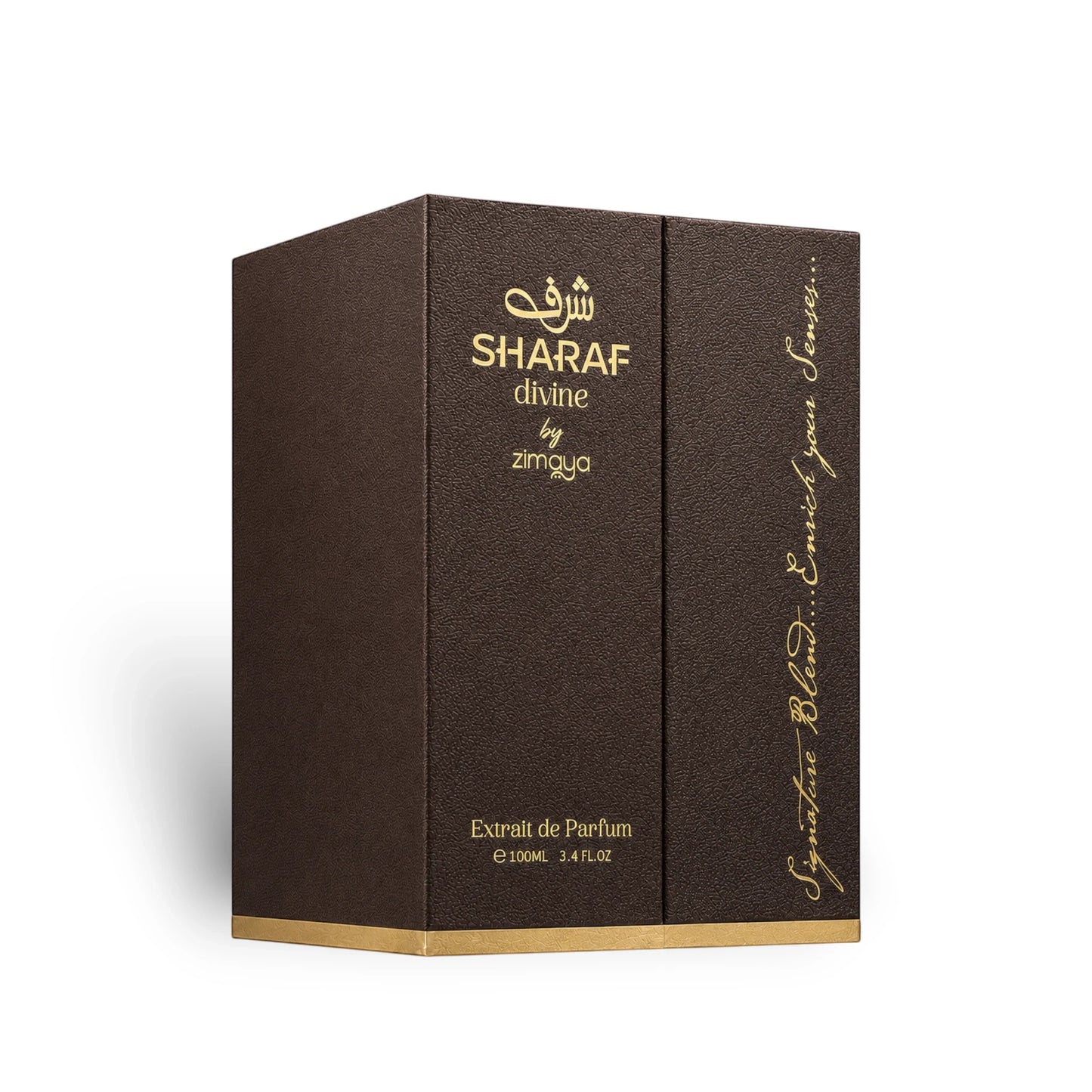 Soghaat Zimaya Sharaf Divine 100ml Eau de Parfum in a premium dark brown textured box with gold lettering.