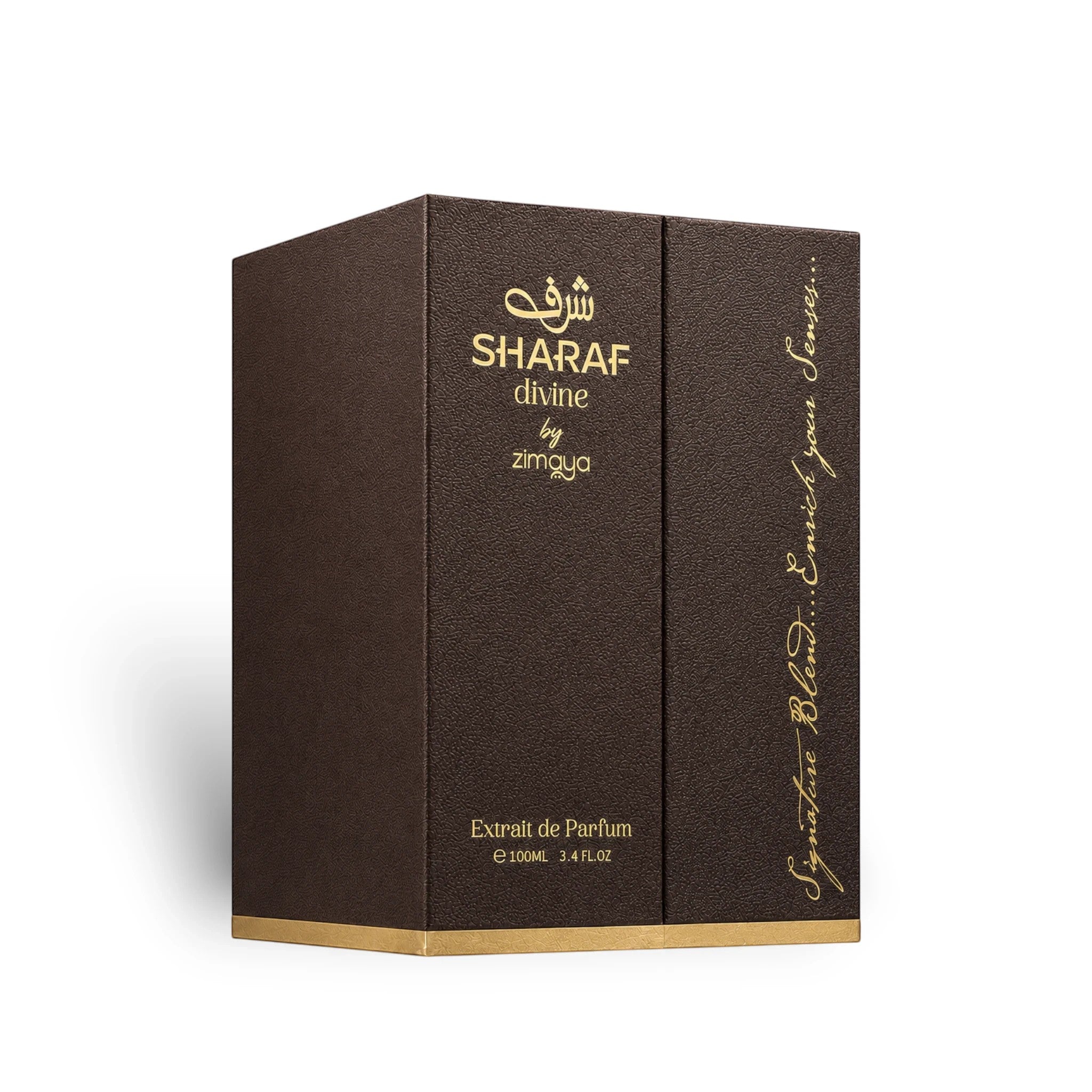 Soghaat Zimaya Sharaf Divine 100ml Eau de Parfum in a premium dark brown textured box with gold lettering.