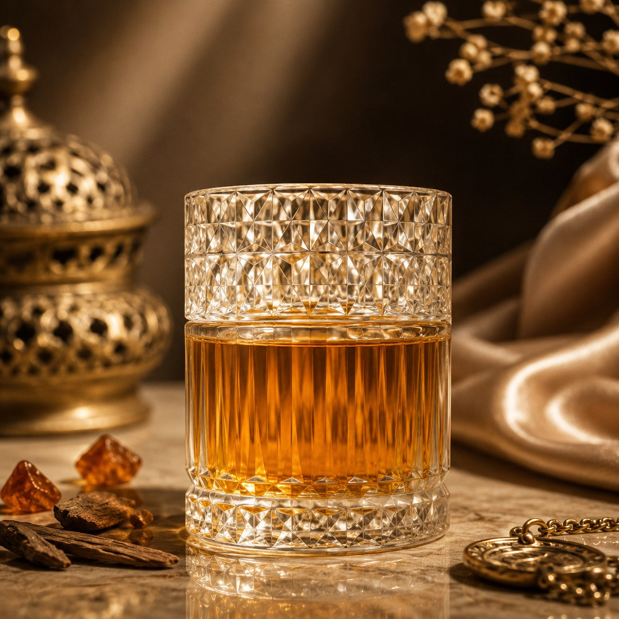 Soghaat Zimaya Sharaf Divine Eau de Parfum bottle with amber liquid, crystal glass texture, and elegant gold accents.