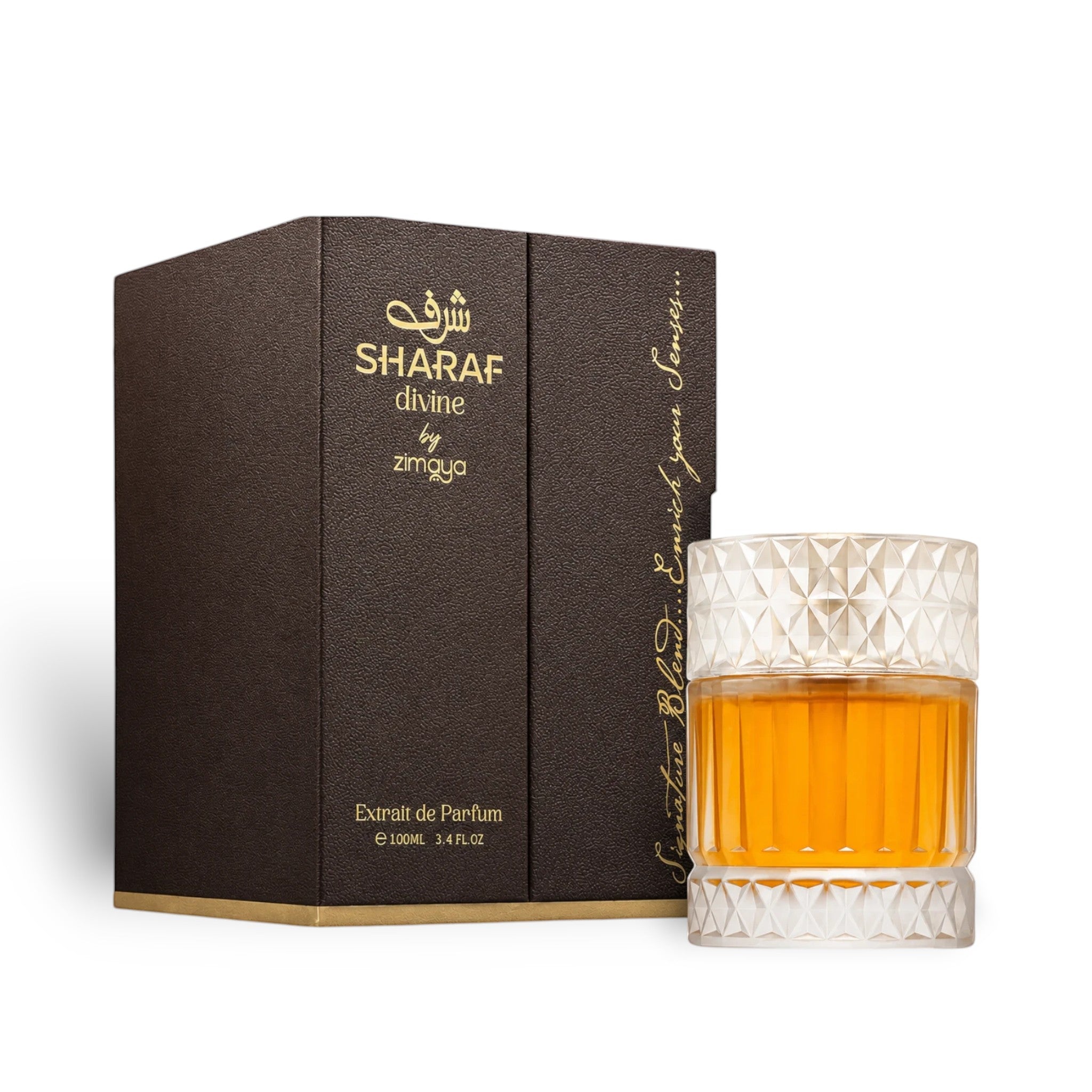 Soghaat Zimaya Sharaf Divine 100ml Eau de Parfum bottle and dark textured box with gold lettering