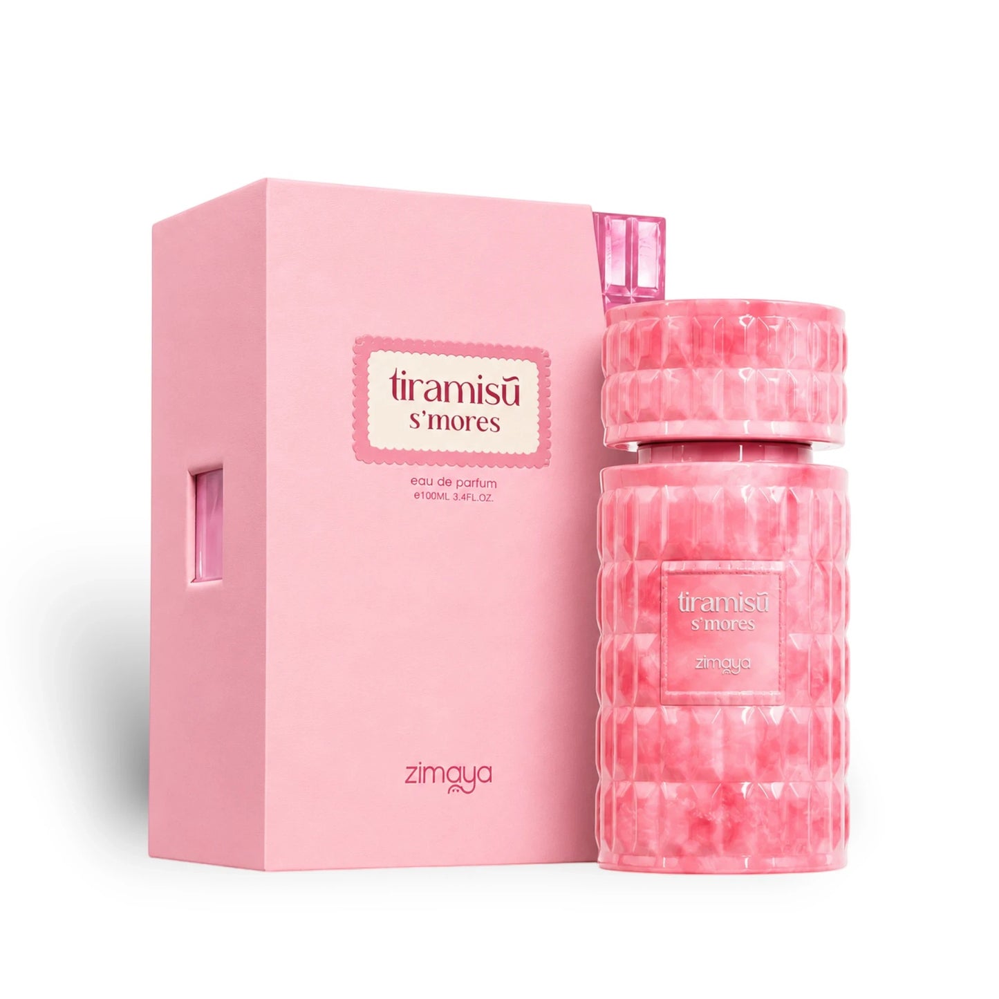 Soghaat Zimaya Tiramisu S'mores 100ml Eau de Parfum in a pink textured bottle and matching box, sweet gourmand scent.