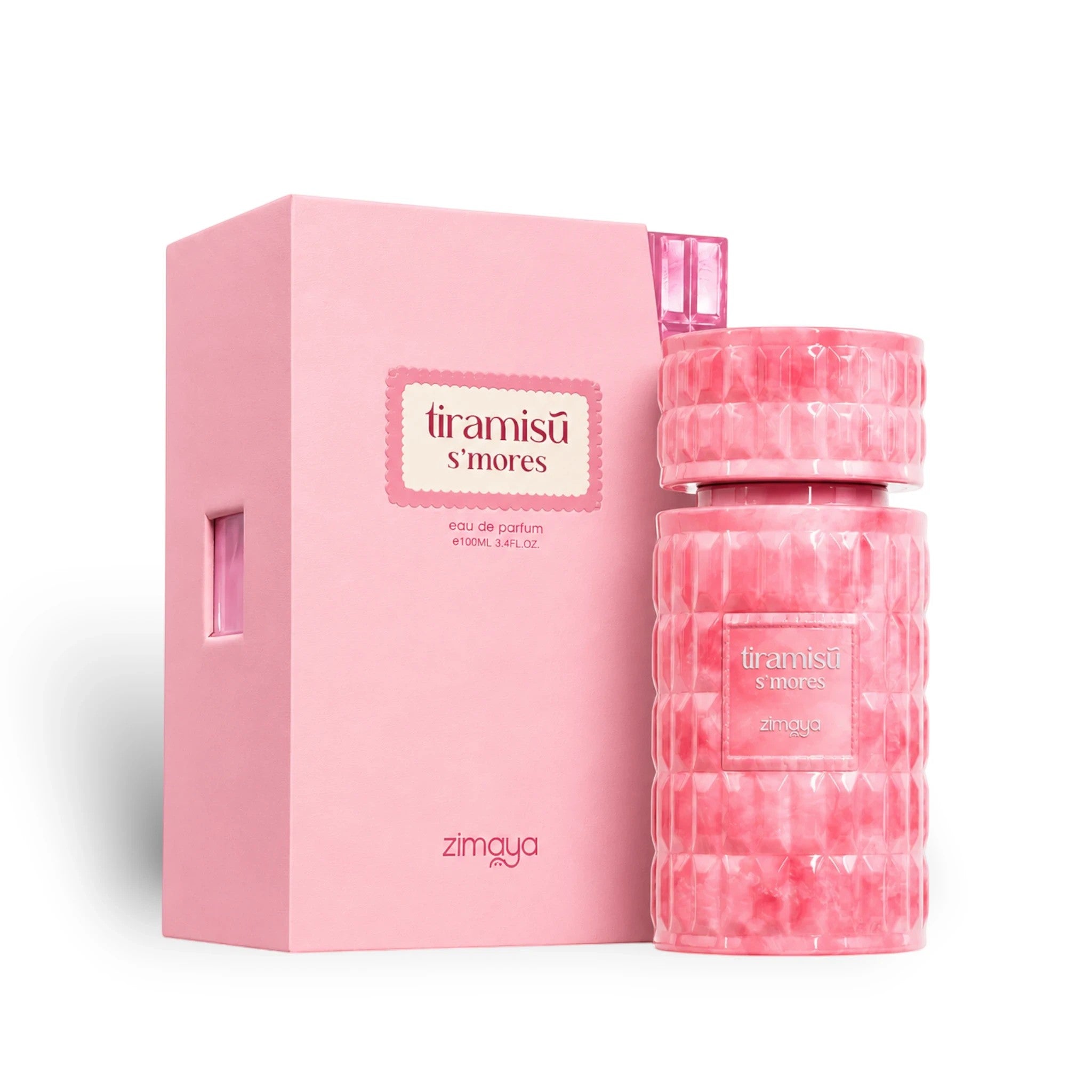 Soghaat Zimaya Tiramisu S'mores 100ml Eau de Parfum in a pink textured bottle and matching box, sweet gourmand scent.
