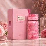 Soghaat Zimaya Tiramisu S'mores 100ml Eau de Parfum in a pink textured bottle and matching box with floral accents.