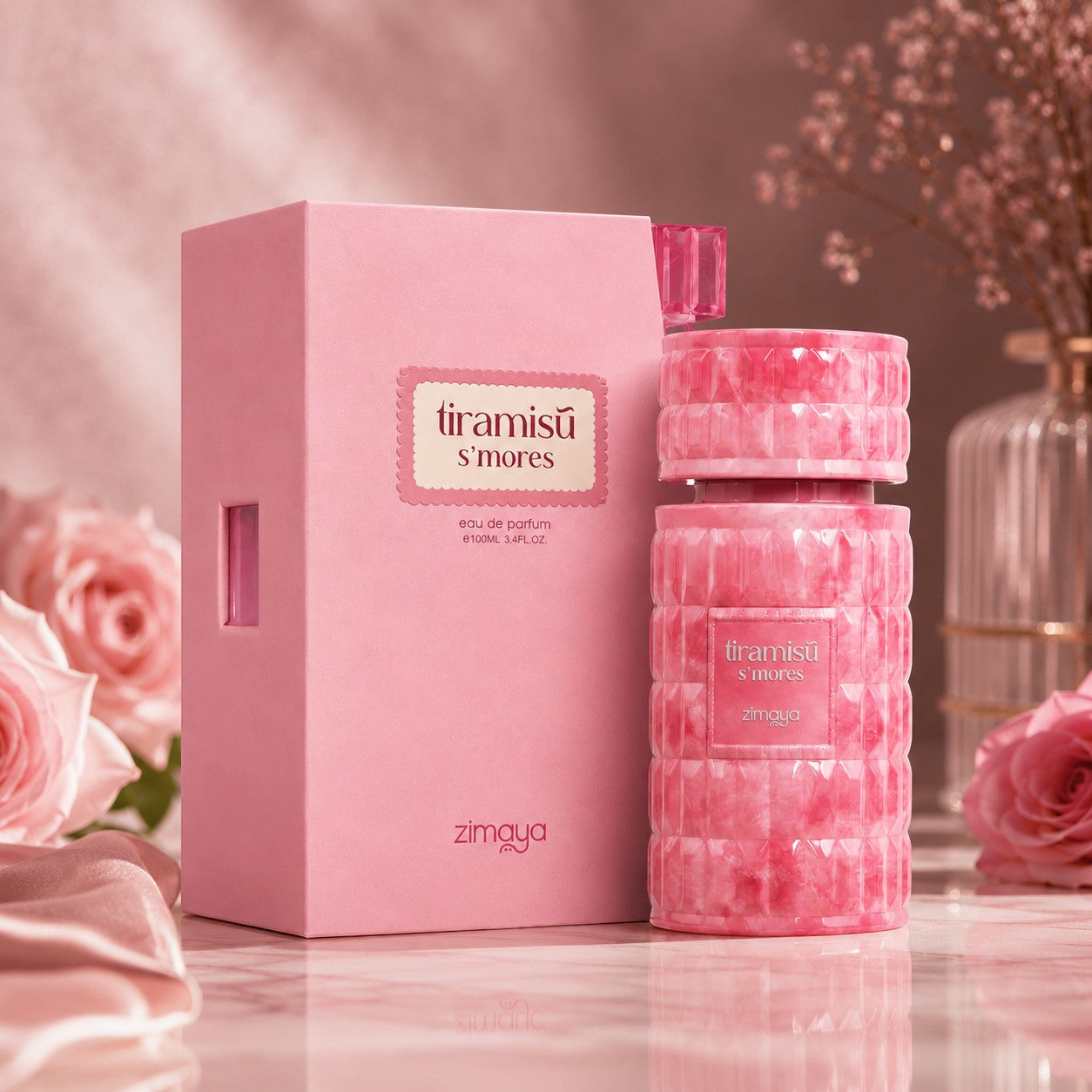 Soghaat Zimaya Tiramisu S'mores 100ml Eau de Parfum in a pink textured bottle and matching box with floral accents.