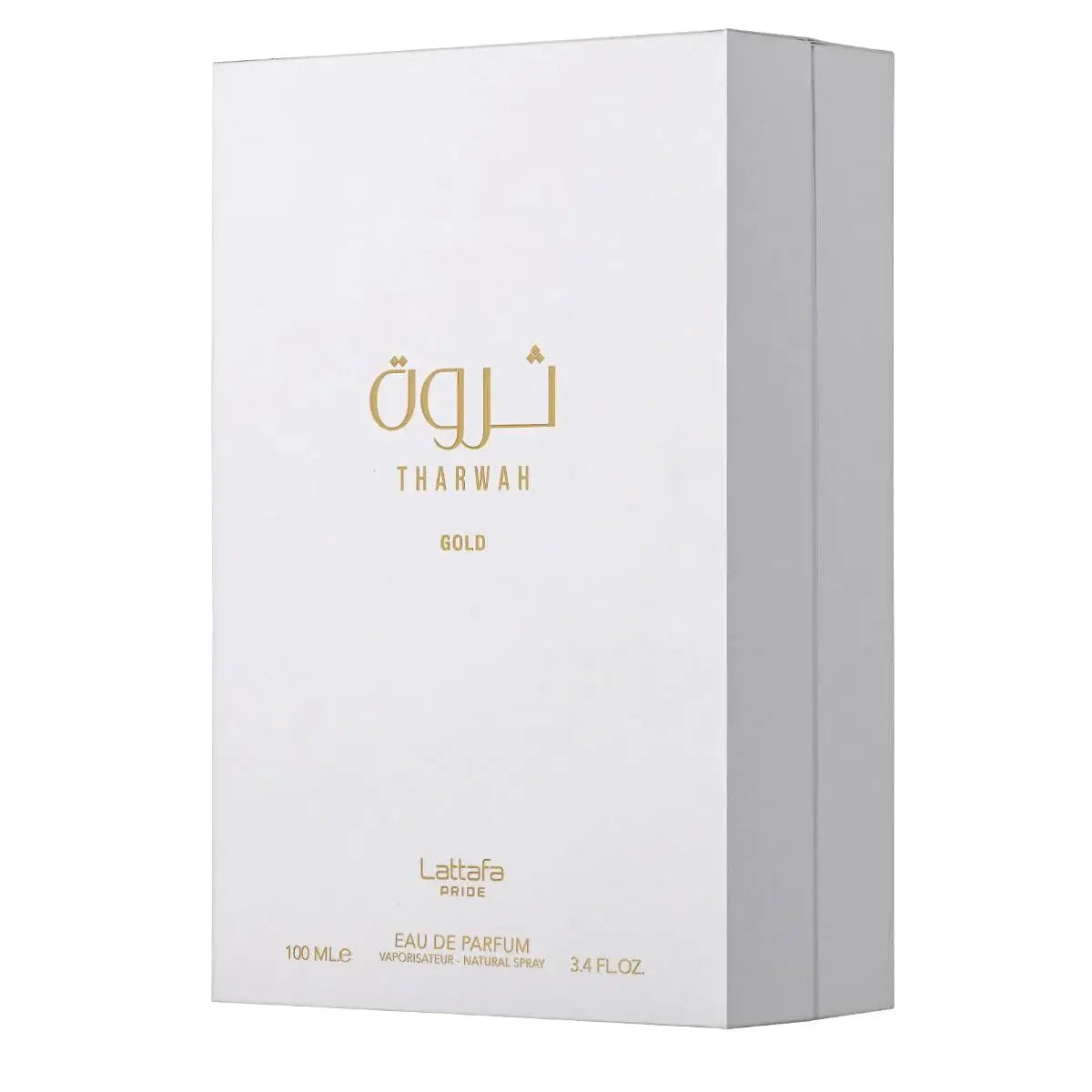 Tharwah Gold 100ml Eau de Parfum by Lattafa Pride perfume bottle close up