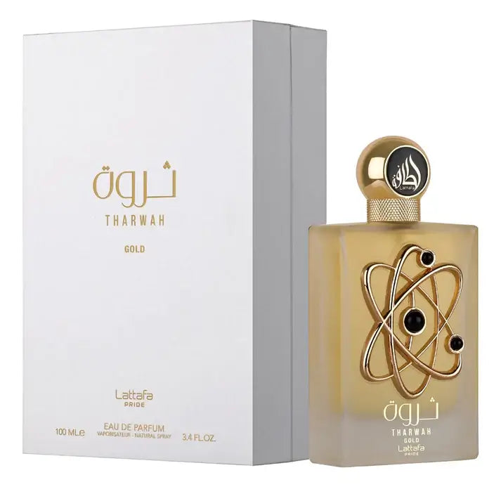 Tharwah Gold 100ml Eau de Parfum by Lattafa Pride bottle and box