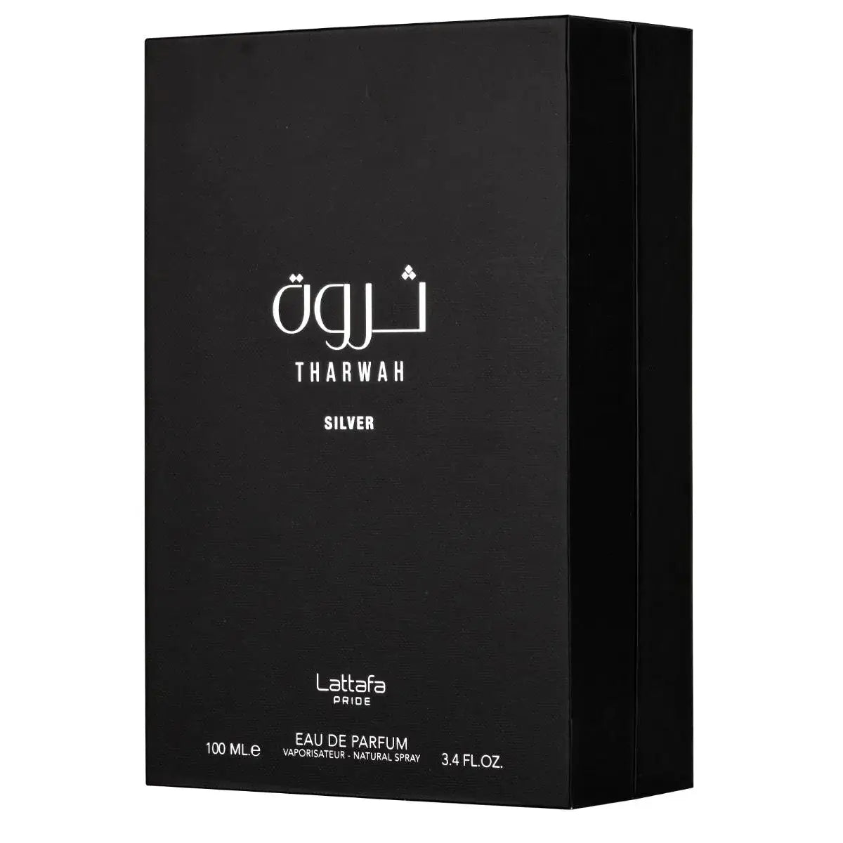 Tharwah Silver 100ml Eau de Parfum by Lattafa Pride perfume bottle close up