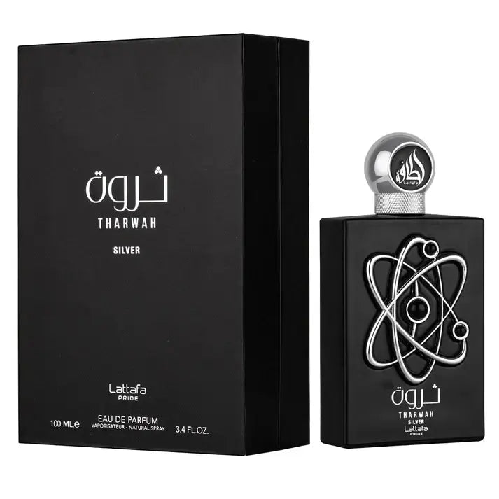 Tharwah Silver 100ml Eau de Parfum by Lattafa Pride bottle and box