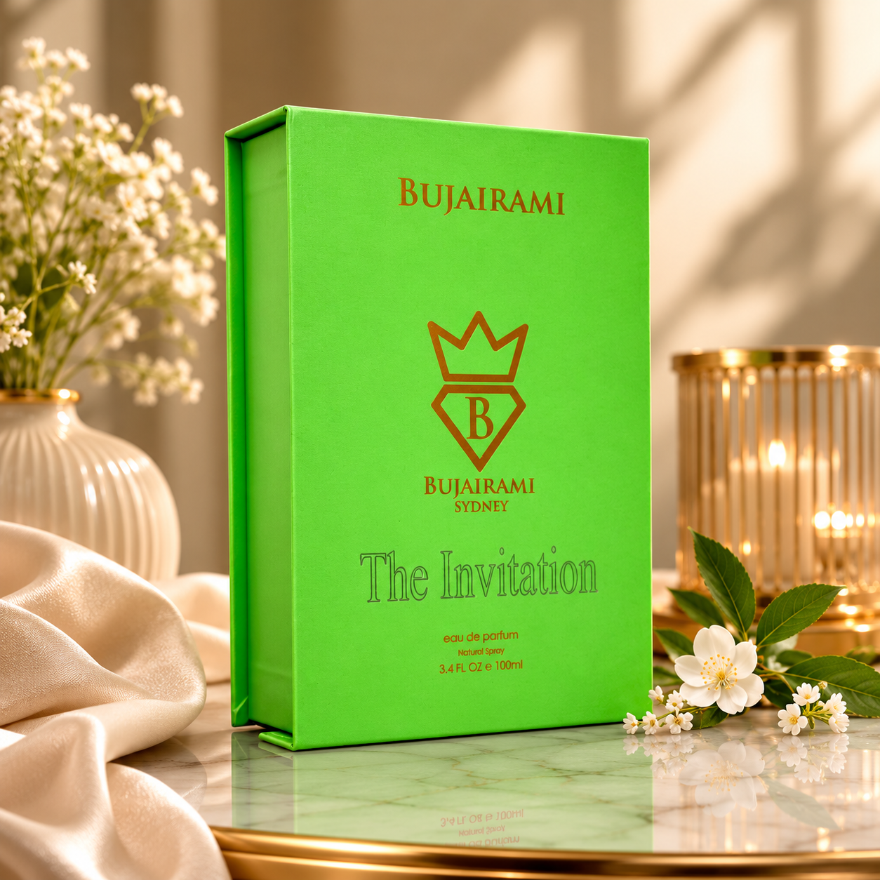 Angled view of The Invitation Eau de Parfum by Bujairami