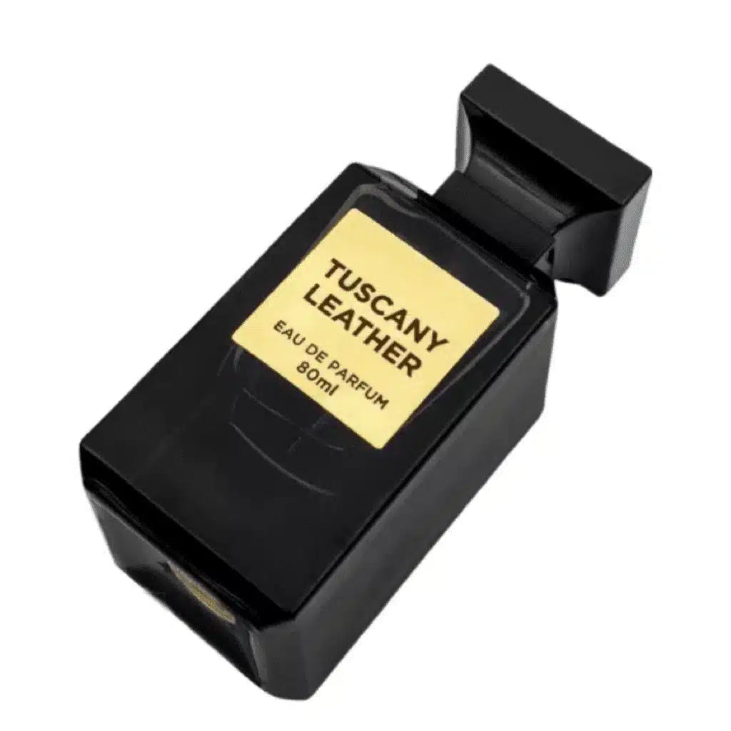 Tuscany Leather 80ml Eau de Parfum by Fragrance World perfume bottle close up