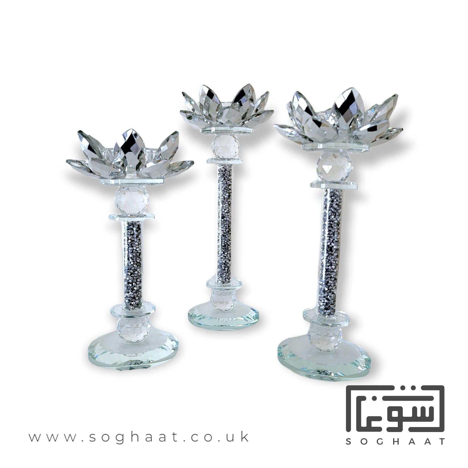 Silver Crystal Lotus And Diamante Candle Holder (Set Of 3), In A Silver Crystal Lotus Flower Design On A Diamante-Filled Stem. Tea Light Candle Or Cylinder Dinner Candle
