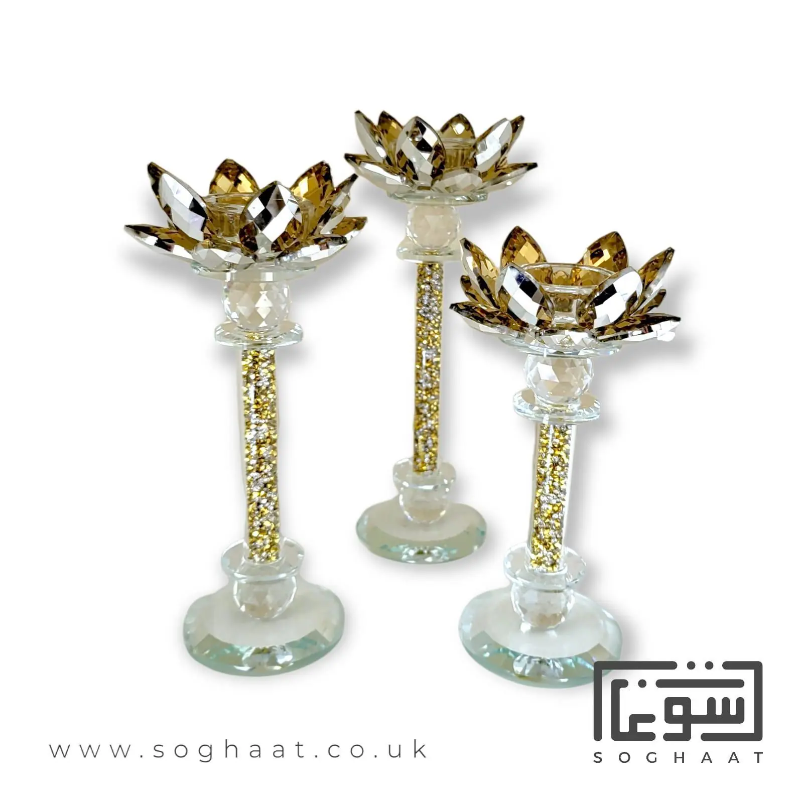 Golden Crystal Lotus And Diamante Candle Holder (Set Of 3), In A Golden Crystal Lotus Flower Design On A Diamante-Filled Stem.
