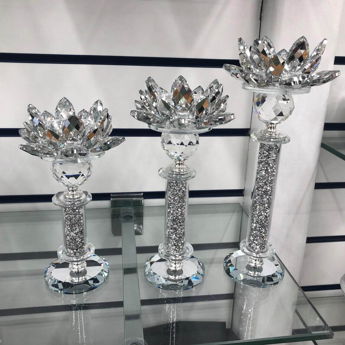 Silver Crystal Lotus And Diamante Candle Holder (Set Of 3)
