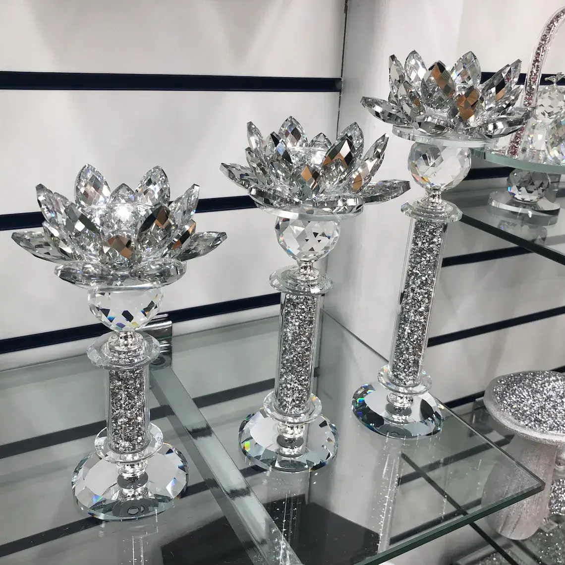 Silver Crystal Lotus And Diamante Candle Holder (Set Of 3)