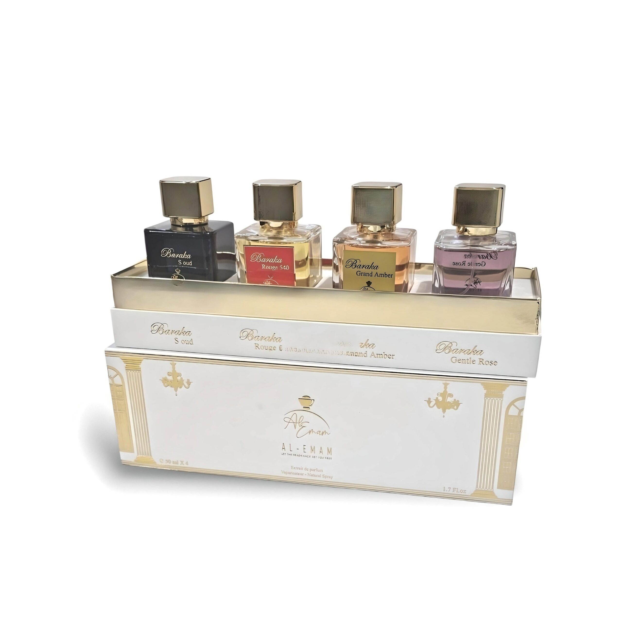1000043518 Scaled Al-Emam White 4 Piece Perfume Gift Set (4 X 50Ml Extrait De Parfum), Indulge In The Al-Emam Collection, A Quartet Of Perfumes That Are As Nuanced As Captivating. Each 50Ml Bottle Offers A Unique Olfactory Journey, Crafted To Stir The Senses And Leave A Lasting Impression. Soghaat Gifts &Amp; Fragrances